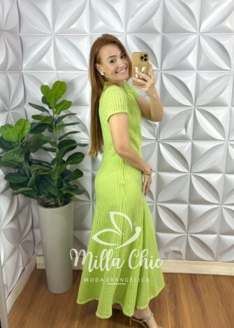 Vestido Renda Crochê Longo Com Forro Camisolinha Simone - Verde - Milla Chic