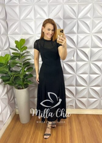 Vestido Renda Crochê Longo Com Forro Camisolinha Simone - Preto - Milla Chic