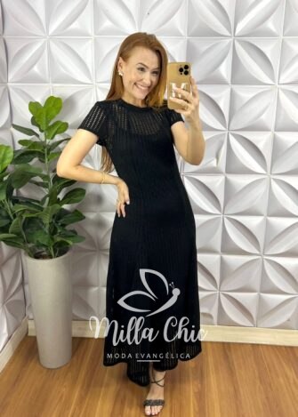 Vestido Renda Crochê Longo Com Forro Camisolinha Simone - Preto - Milla Chic