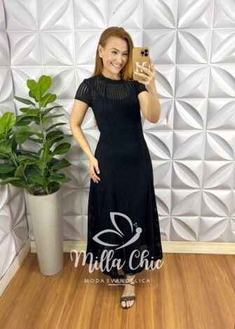 Vestido Renda Crochê Longo Com Forro Camisolinha Simone - Preto - Milla Chic