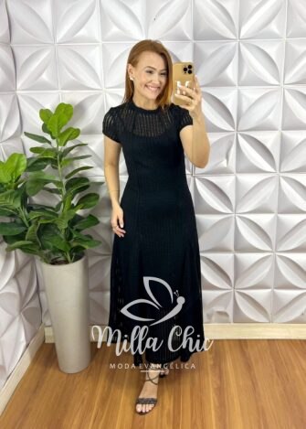 Vestido Renda Crochê Longo Com Forro Camisolinha Simone - Preto - Milla Chic