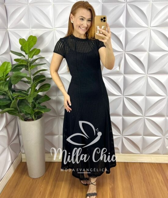 Vestido Renda Crochê Longo Com Forro Camisolinha Simone - Preto - Milla Chic