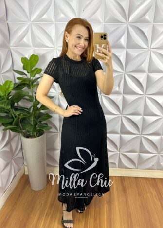 Vestido Renda Crochê Longo Com Forro Camisolinha Simone - Preto - Milla Chic