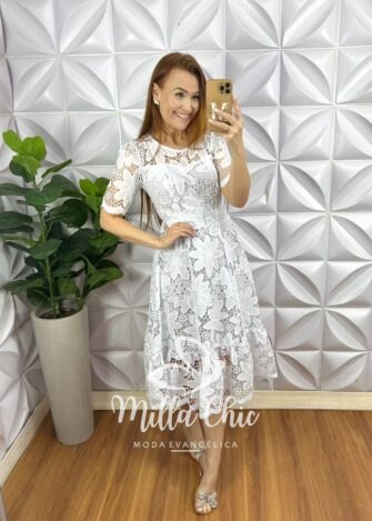 Vestido Richilieu Bordado Evase Mídi Com Babado Na Barra Maria Clara - Branco - Milla Chic