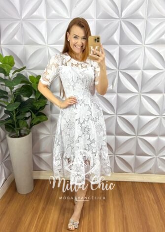 Vestido Richilieu Bordado Evase Mídi Com Babado Na Barra Maria Clara - Branco - Milla Chic