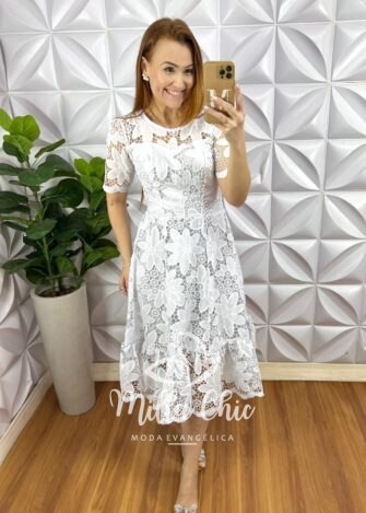 Vestido Richilieu Bordado Evase Mídi Com Babado Na Barra Maria Clara - Branco - Milla Chic