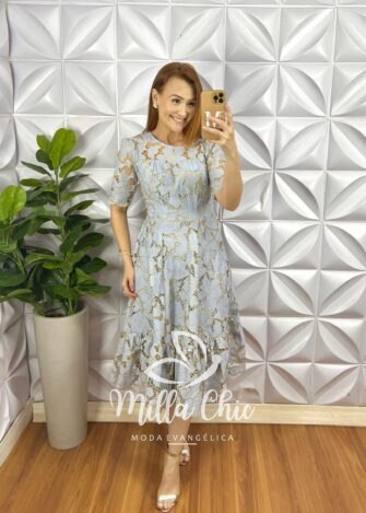 Vestido Richilieu Bordado Evase Mídi Com Babado Na Barra Maria Clara - Azul - Milla Chic