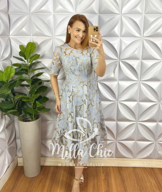 Vestido Richilieu Bordado Evase Mídi Com Babado Na Barra Maria Clara - Azul - Milla Chic