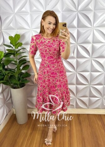 Vestido Richilieu Bordado Evase Mídi Com Babado Na Barra Maria Clara - Pink - Milla Chic