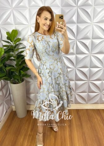 Vestido Richilieu Bordado Evase Mídi Com Babado Na Barra Maria Clara - Azul - Milla Chic