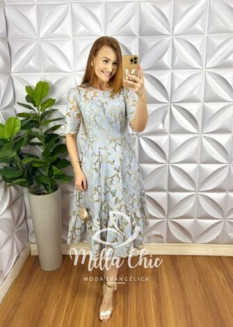 Vestido Richilieu Bordado Evase Mídi Com Babado Na Barra Maria Clara - Azul - Milla Chic