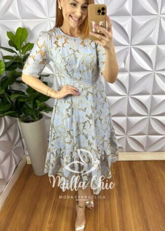 Vestido Richilieu Bordado Evase Mídi Com Babado Na Barra Maria Clara - Azul - Milla Chic