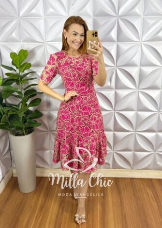 Vestido Richilieu Bordado Evase Mídi Com Babado Na Barra Maria Clara - Pink - Milla Chic