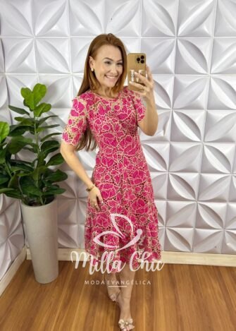 Vestido Richilieu Bordado Evase Mídi Com Babado Na Barra Maria Clara - Pink - Milla Chic