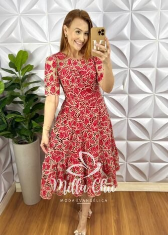 Vestido Richilieu Bordado Evase Mídi Com Babado Na Barra Maria Clara - Vermelho - Milla Chic