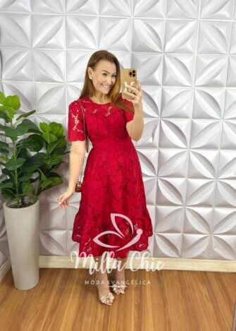 Vestido Richilieu Bordado Evase Mídi Com Babado Na Barra Maria Clara - Vermelho - Milla Chic
