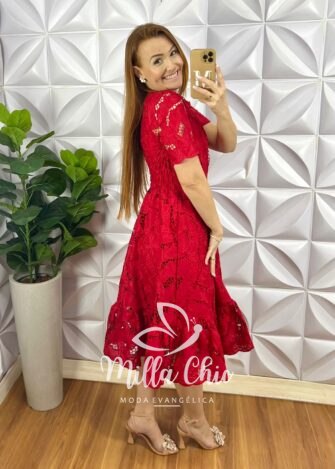 Vestido Richilieu Bordado Evase Mídi Com Babado Na Barra Maria Clara - Vermelho - Milla Chic