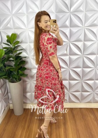 Vestido Richilieu Bordado Evase Mídi Com Babado Na Barra Maria Clara - Vermelho - Milla Chic