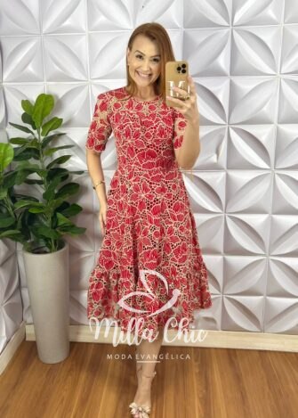 Vestido Richilieu Bordado Evase Mídi Com Babado Na Barra Maria Clara - Vermelho - Milla Chic
