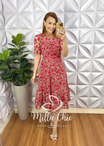 Vestido Richilieu Bordado Evase Mídi Com Babado Na Barra Maria Clara - Vermelho - Milla Chic