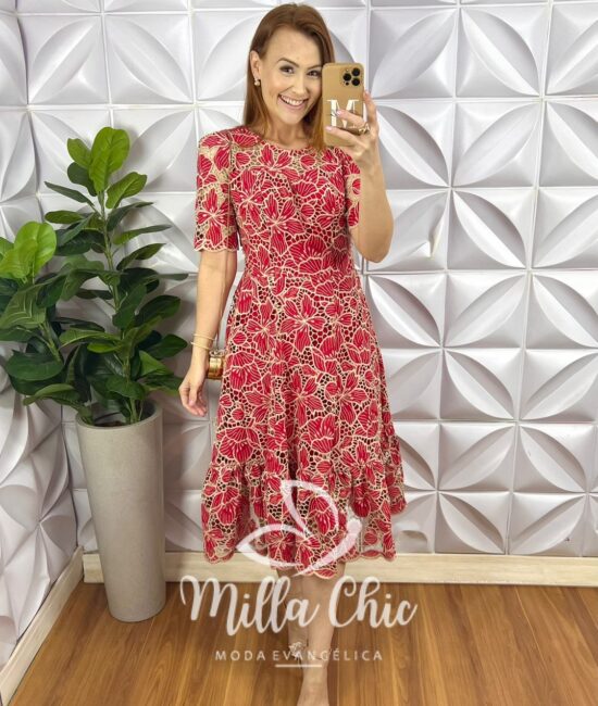 Vestido Richilieu Bordado Evase Mídi Com Babado Na Barra Maria Clara - Vermelho - Milla Chic