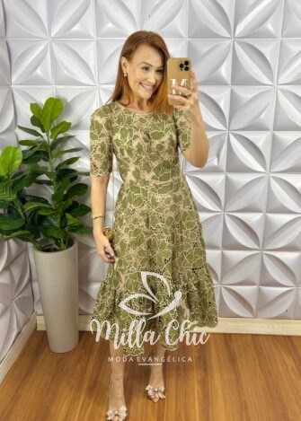 Vestido Richilieu Bordado Evase Mídi Com Babado Na Barra Maria Clara - Verde - Milla Chic