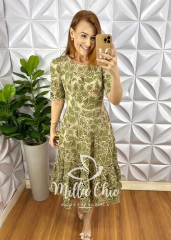 Vestido Richilieu Bordado Evase Mídi Com Babado Na Barra Maria Clara - Verde - Milla Chic