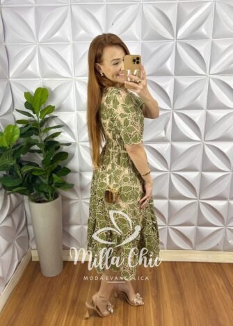 Vestido Richilieu Bordado Evase Mídi Com Babado Na Barra Maria Clara - Verde - Milla Chic