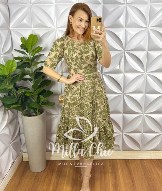 Vestido Richilieu Bordado Evase Mídi Com Babado Na Barra Maria Clara - Verde - Milla Chic