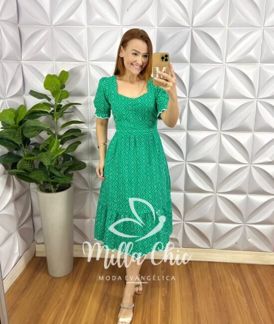 Vestido Lesie 100% Algodão Manga Princesa Lastex Nas Costas Weilita - Verde - Milla Chic