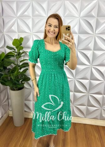 Vestido Lesie 100% Algodão Manga Princesa Lastex Nas Costas Weilita - Verde - Milla Chic