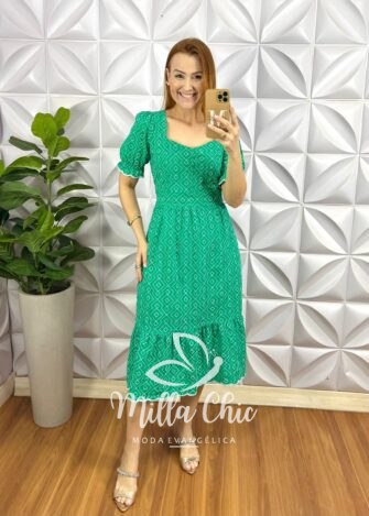 Vestido Lesie 100% Algodão Manga Princesa Lastex Nas Costas Weilita - Verde - Milla Chic