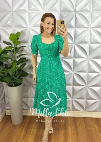 Vestido Lesie 100% Algodão Manga Princesa Lastex Nas Costas Weilita - Verde - Milla Chic