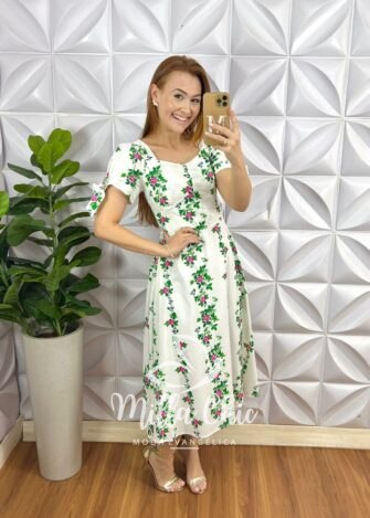 Vestido Tricoline Mídi Manga Princesa Estampado Com Zíper Daniele - Branco e Verde (floral) - Milla Chic