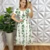 Vestido Tricoline Mídi Manga Princesa Estampado Com Zíper Daniele - Branco e Verde (floral) - Milla Chic