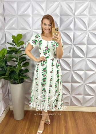 Vestido Tricoline Mídi Manga Princesa Estampado Com Zíper Daniele - Branco e Verde (floral) - Milla Chic