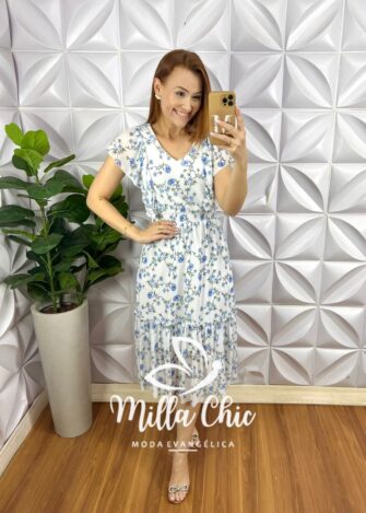 Vestido Tule Mídi Com Lastex Na Cintura Manga Babadinho Estampado Dalila - Branco (floral) - Milla Chic