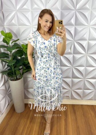 Vestido Tule Mídi Com Lastex Na Cintura Manga Babadinho Estampado Dalila - Branco (floral) - Milla Chic