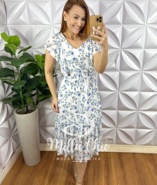 Vestido Tule Mídi Com Lastex Na Cintura Manga Babadinho Estampado Dalila - Branco (floral) - Milla Chic