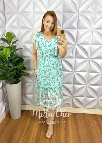 Vestido Tule Mídi Com Lastex Na Cintura Manga Babadinho Estampado Dalila - Verde (floral) - Milla Chic