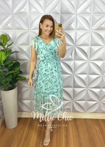 Vestido Tule Mídi Com Lastex Na Cintura Manga Babadinho Estampado Dalila - Verde (floral) - Milla Chic