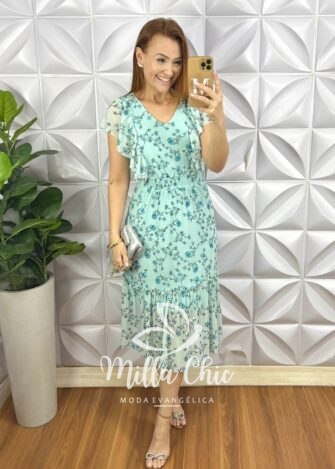 Vestido Tule Mídi Com Lastex Na Cintura Manga Babadinho Estampado Dalila - Verde (floral) - Milla Chic