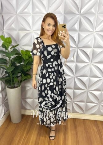 Vestido Tule Mídi Com Lastex Nas Costas Estampado Margarida - Preto - Milla Chic