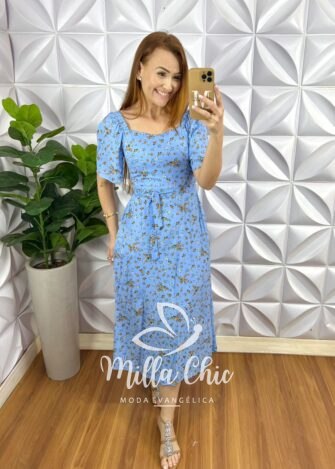 Vestido Viscolinho Bolsos Laterais Cinto Faixa Mídi Evase Lastex Nas Costas Tatiane - Azul - Milla Chic