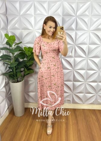 Vestido Viscolinho Bolsos Laterais Cinto Faixa Mídi Evase Lastex Nas Costas Tatiane - Rosa - Milla Chic