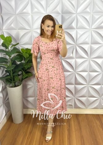 Vestido Viscolinho Bolsos Laterais Cinto Faixa Mídi Evase Lastex Nas Costas Tatiane - Rosa - Milla Chic