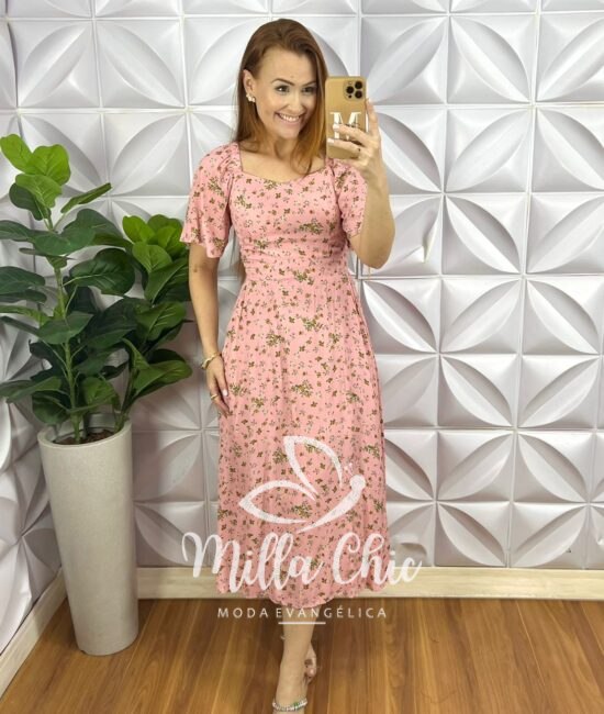 Vestido Viscolinho Bolsos Laterais Cinto Faixa Mídi Evase Lastex Nas Costas Tatiane - Rosa - Milla Chic