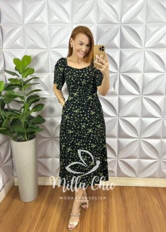 Vestido Viscolinho Bolsos Laterais Cinto Faixa Mídi Evase Lastex Nas Costas Tatiane - Preto - Milla Chic