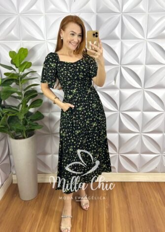 Vestido Viscolinho Bolsos Laterais Cinto Faixa Mídi Evase Lastex Nas Costas Tatiane - Preto - Milla Chic