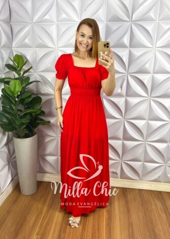 Vestido Viscolinho Com Bojo Longo Com Lastex Na Cintura Manga Princesa Renata - Vermelho - Milla Chic
